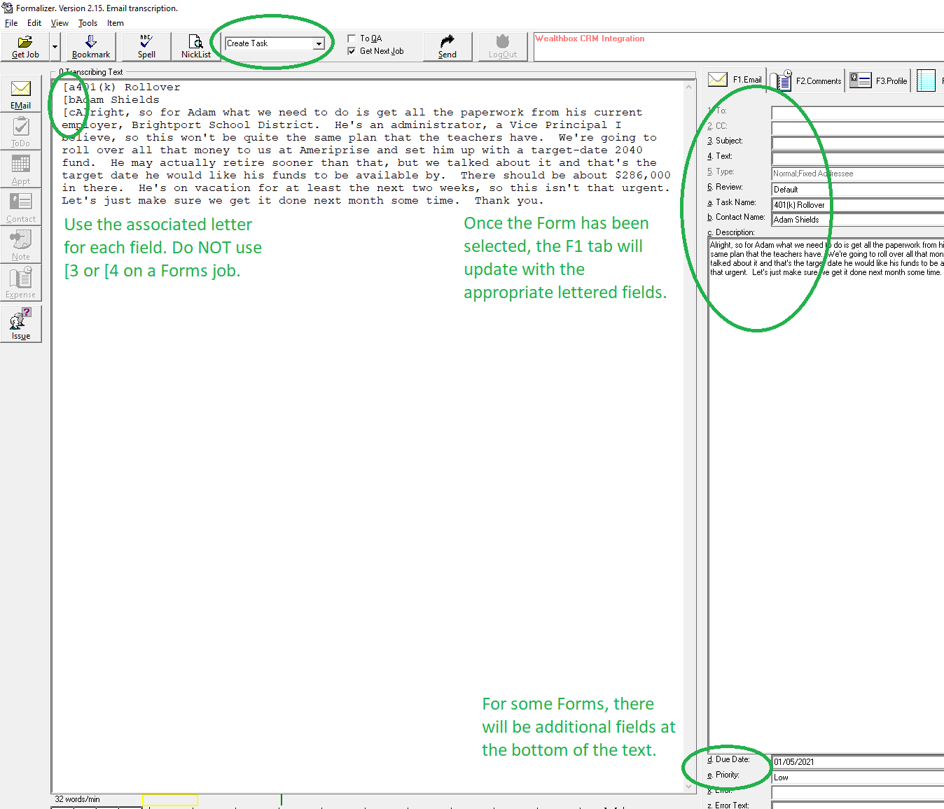 Selected Form Example and Corresponding Fields